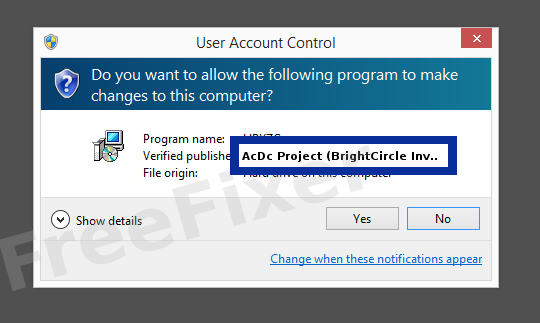 Screenshot where AcDc Project (BrightCircle Investments Limited) appears as the verified publisher in the UAC dialog